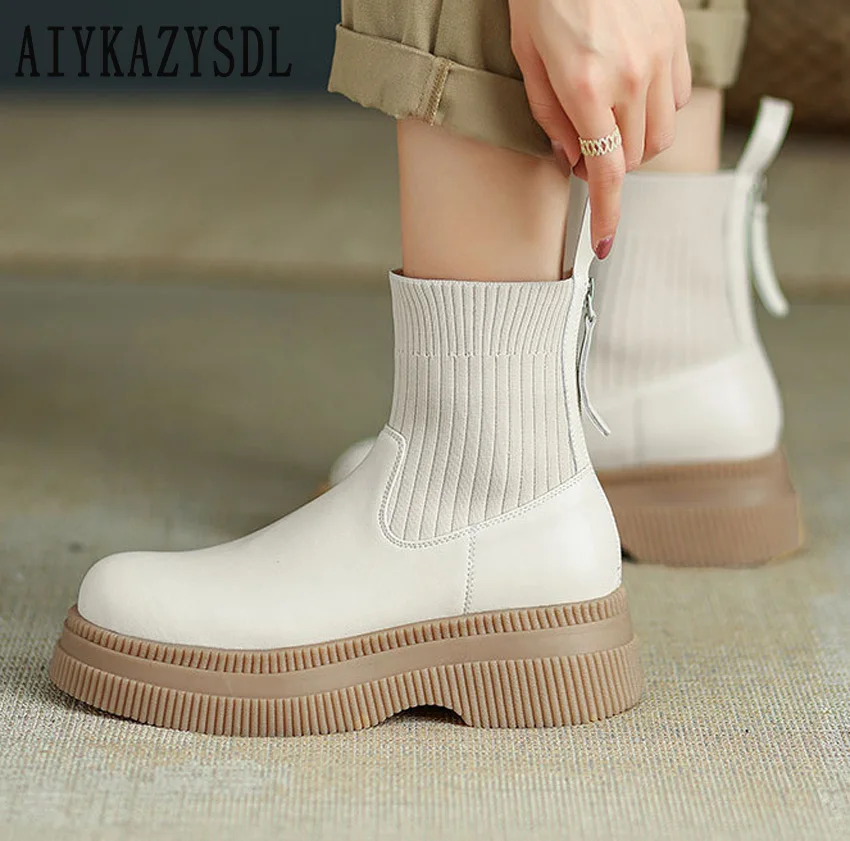 

AIYKAZYSDL Autumn Winter Women Ankle Boots Stretch Knit Ankle Boots Spliced Platform Flat Heel Short Booties Beige Girl Shoes