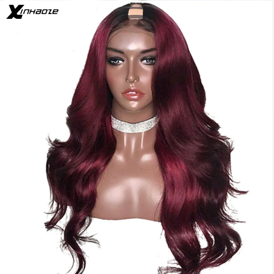 Xinhaoze Ombre 99J U Part Wigs Middle/Left/Right Malaysian Body Wave Pre Plucked 180% Density 2x4'' Human Hair | Шиньоны и