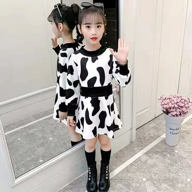 3-14 children's fleece mid-length dress girls winter and autumn children's long-sleeved mid-length plaid princess skirt bottomin