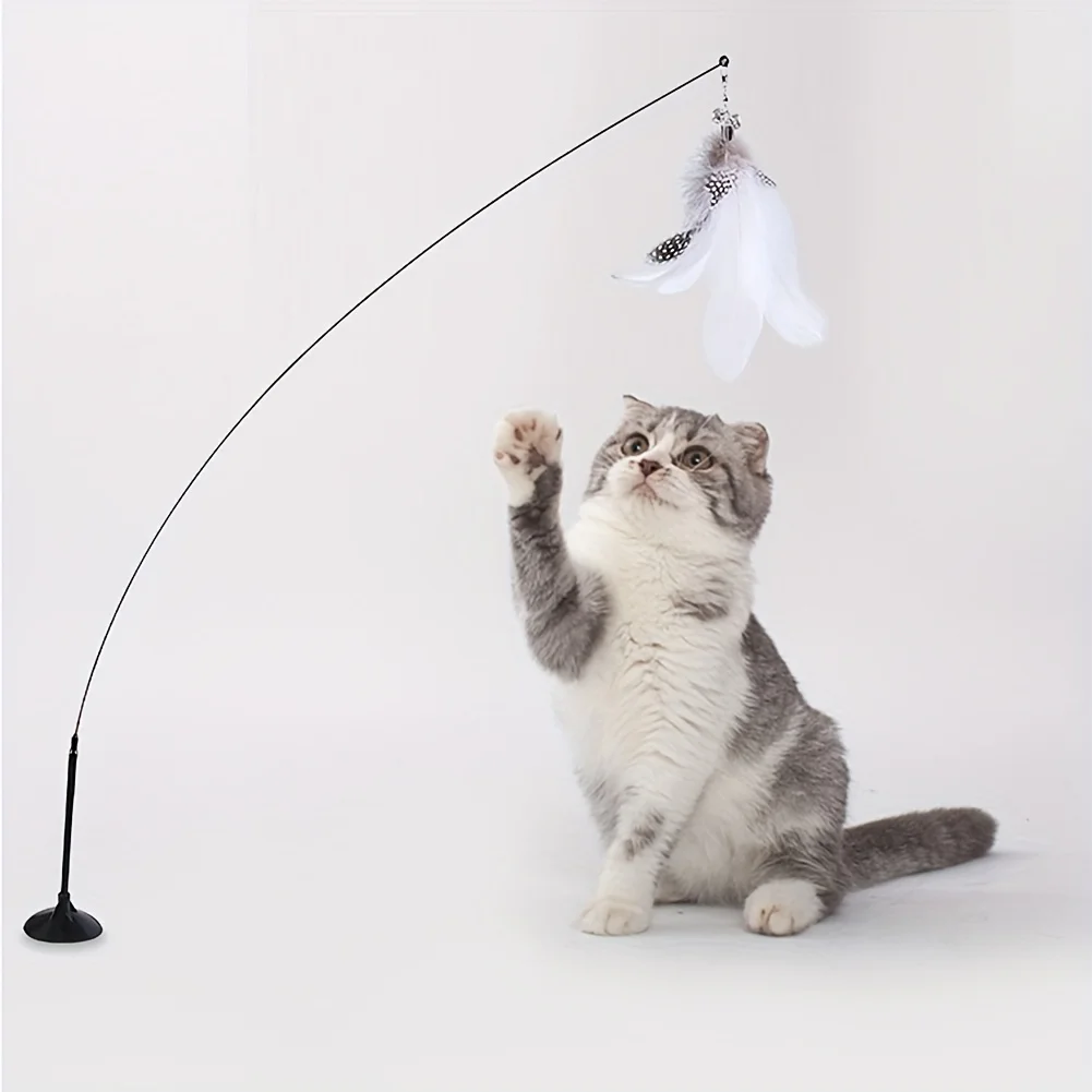 Feather Bell Steel Wire Long Rod with Suction Cup Cat Teaser Toy-Self-Entertaining Cat Teaser Rod for Interactive Play, Suitab