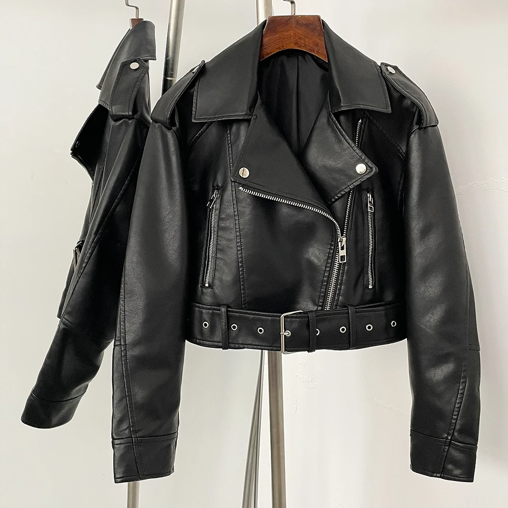 ג'קט עור מלא נשים סתיו חולצה קצרה בגדים שרוול ארוך מעיל עור מזויף ידידותי לסביבה ג'קט PU נשים כיסים