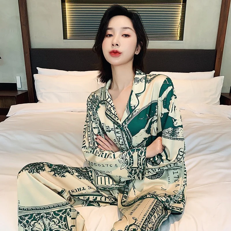 Spring Autumn Women's Thin Simulated Silk Pajamas V-neck Long Sleeve Cardigan Pants Oversized Luxury Home Clothing Set