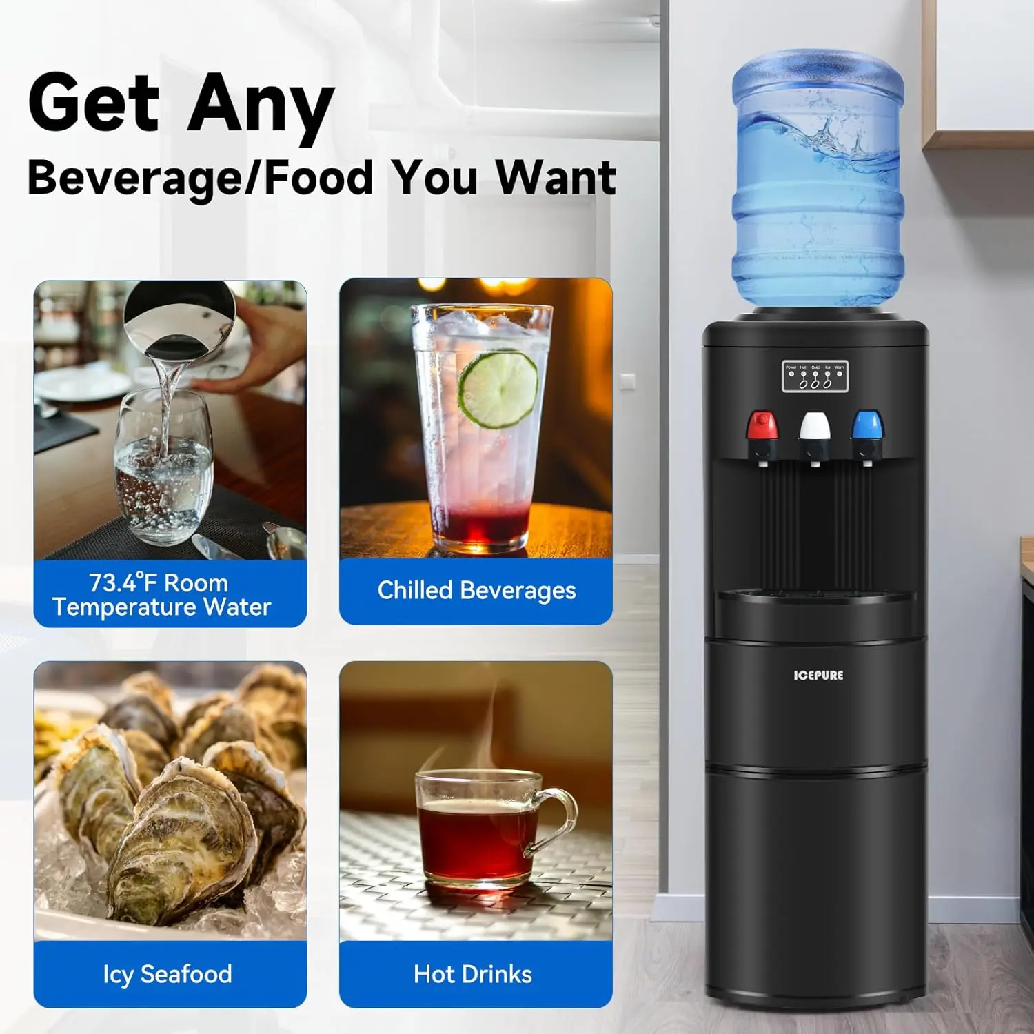 Water Dispenser with Ice Maker, 3-in-1 Hot and Cold Water Cooler with Built-in Bullet Ice Maker Machine, 26.5lbs/24H, Top Loadin 6