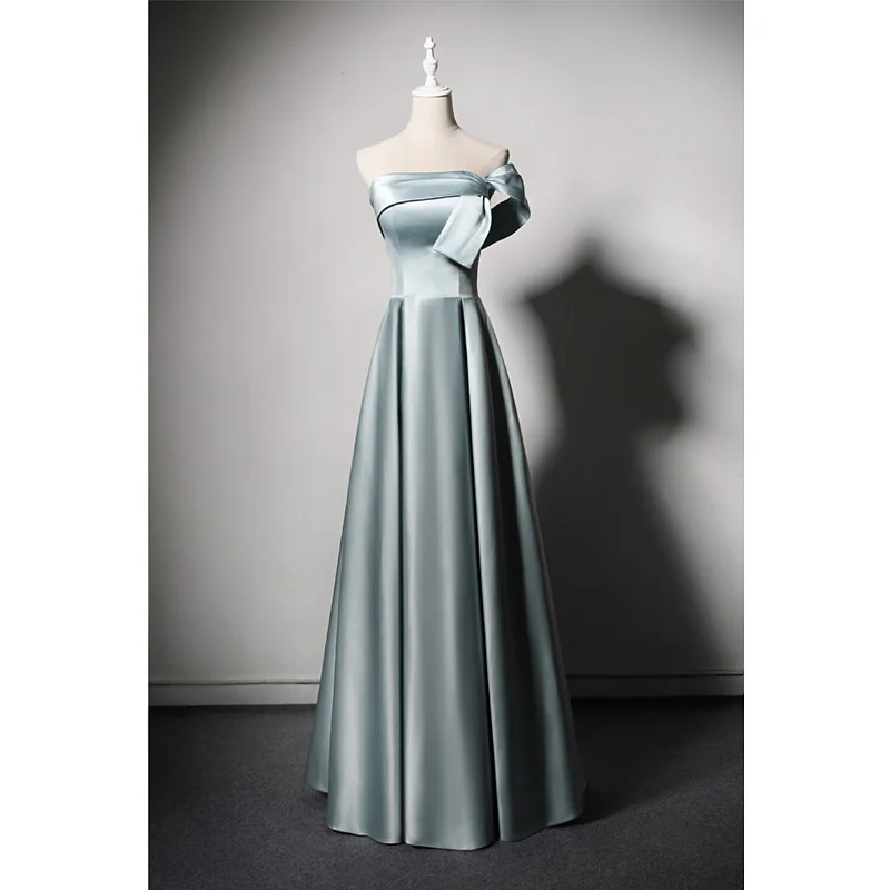 

light blue full silk crepe with strapless asymmetrical draped neckline bodice a-line princess prom dress