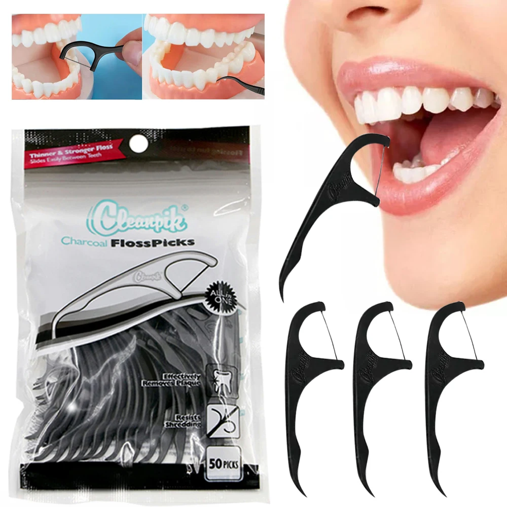 

50Pcs Dental Cleaning Bamboo Charcoal Dental Floss Picks Barreled Interdental Brush For Teeth Care Toothpicks With Thread Oral