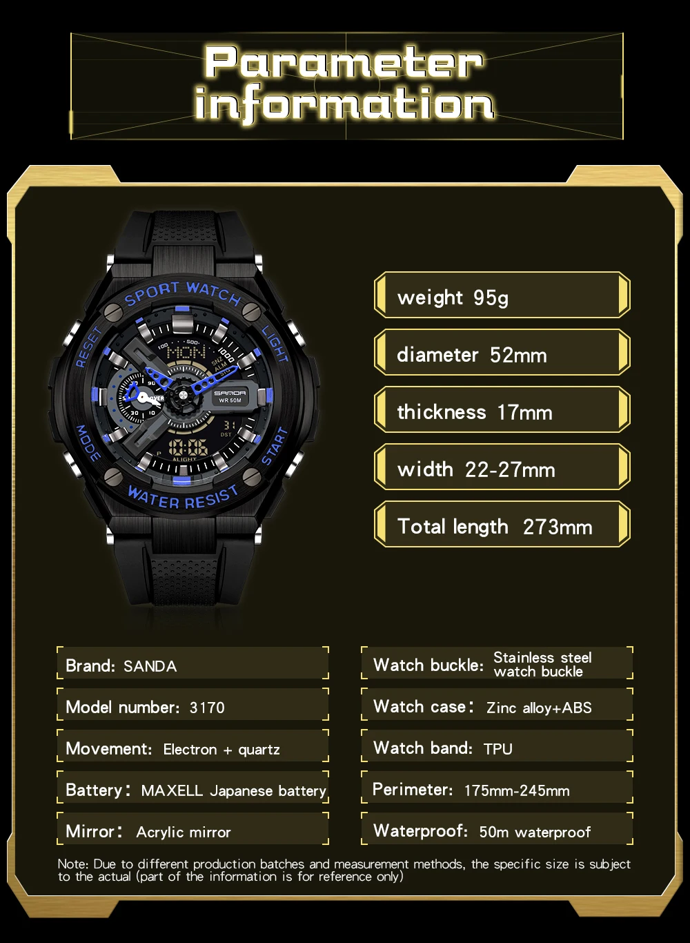 New Handlift Light Multi functional Sports Waterproof and Shockproof Alarm Clock SANDA 3170 Men's Watch Digital Wristwatches