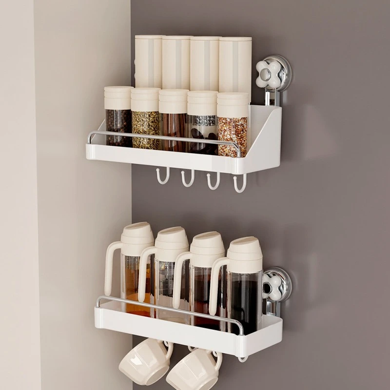 Suction Cup Kitchen Storage Rack Pot Lid Storage Rack with Hook Multi-Functional Wall-Mounted Punch-Free Wall Seasoning Rack 4