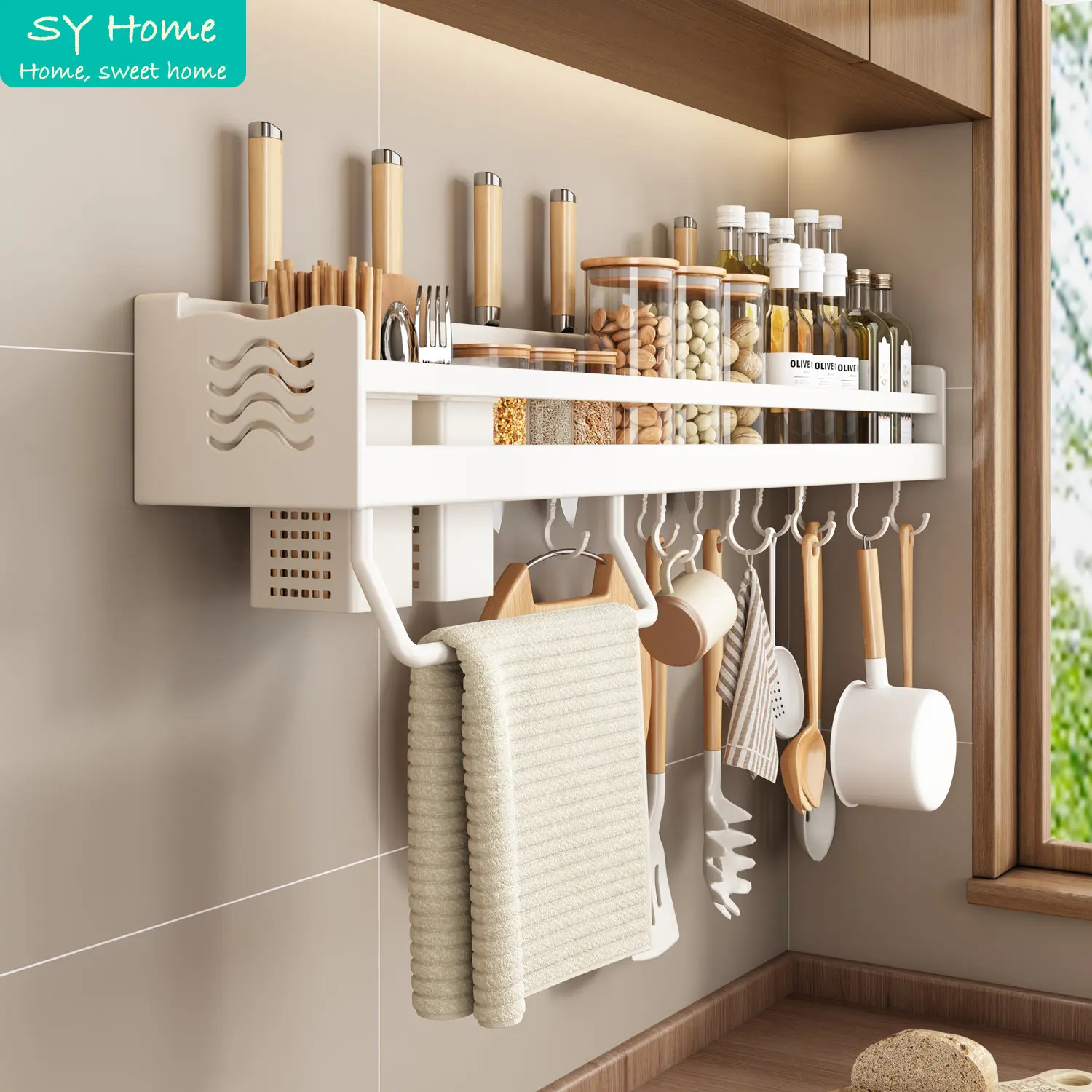 Kitchen Storage Rack Kitchen Organizer Rack Wall-mounted Kitchen Rack Multipurpose Aluminum Shelves Storage Organizer Spices Rack Chopsticks Holder Kitchen Accessories Set