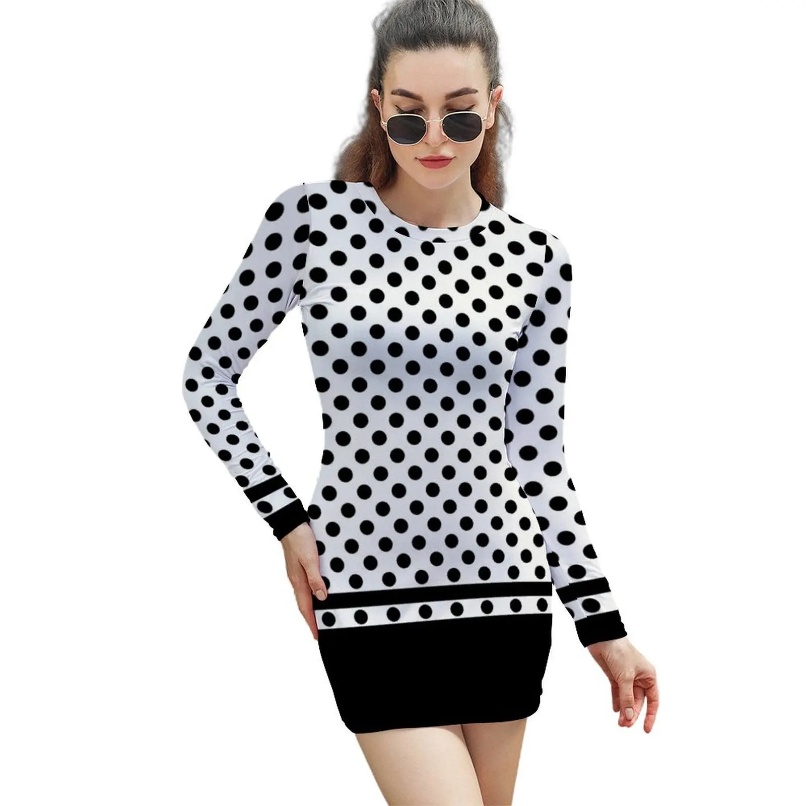 

White and Black Polka Dots Pattern Long-Sleeved Sheath Dress Dress woman summer dresses women 2024