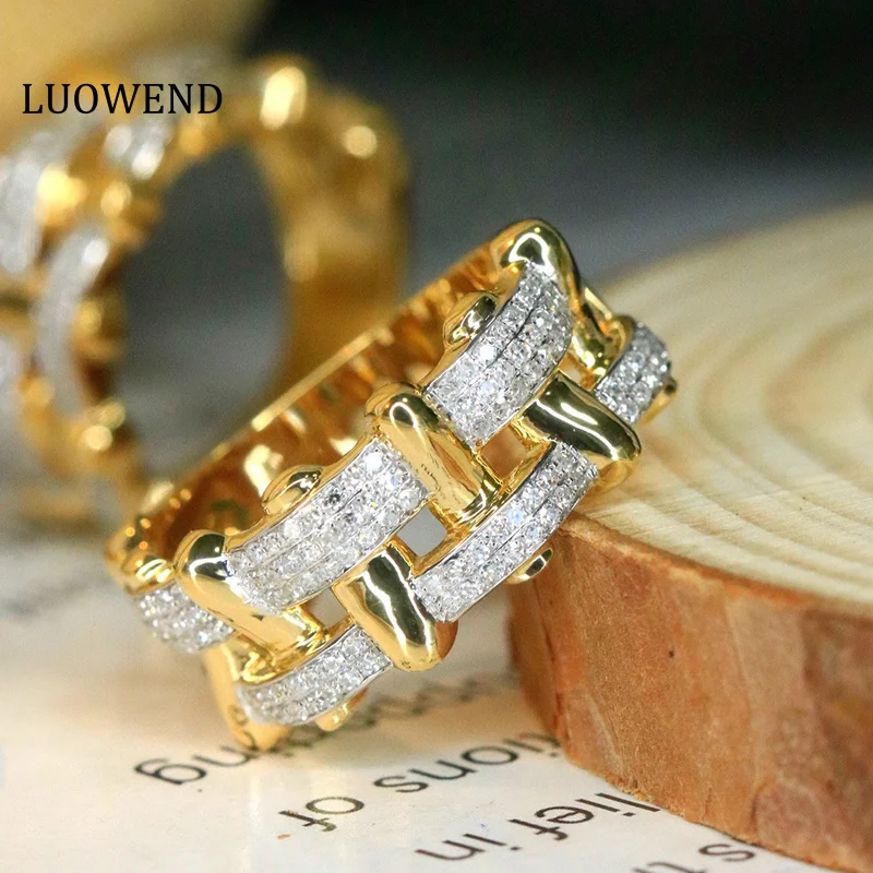 

LUOWEND 18K Yellow Gold Rings Vintage Metal Style 0.40carat Real Natural Diamond Engagement Ring for Women High Party Jewelry