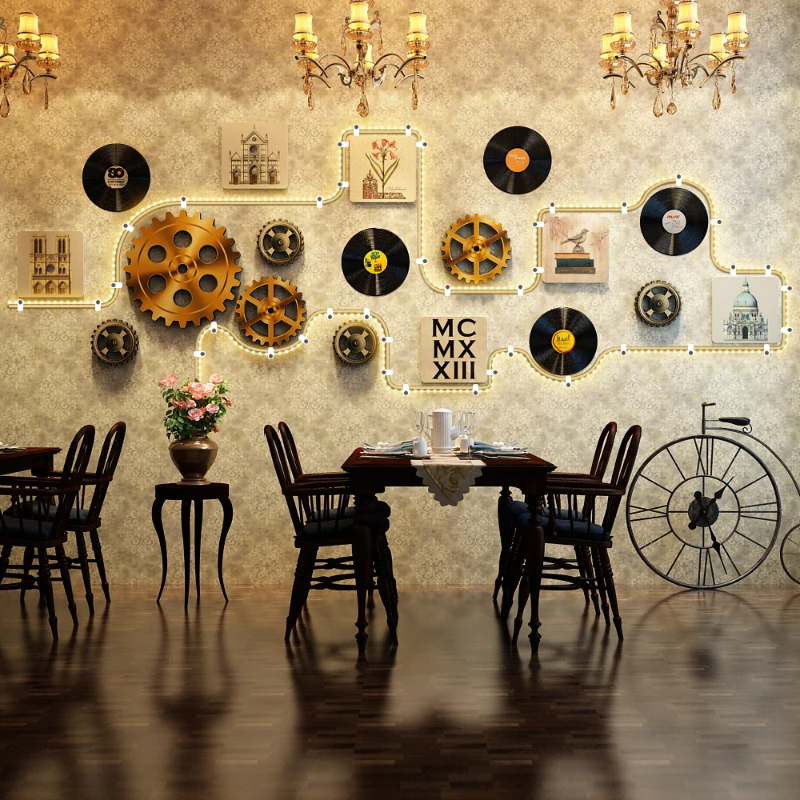 Retro Industrial Lighted Wall Art, Creative Gear & Record Combination, Bar or Pub Wall Decor, Unique Decoration for Lounge