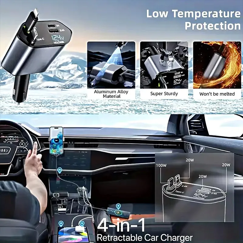 4 in 1 120W Car Charger Retractable Car Cigarette Lighter Adapter USB Type C Fast Charger Cable for IPhone Xiaomi POCO Samsung 3