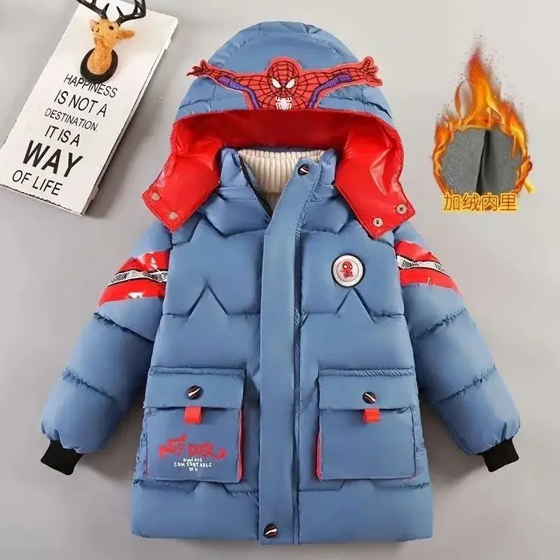 Children Warm Cotton-padded Coat Winter Kids Boys Cartoon Spider Man Hooded Parka Toddler Plush Thick No Wash Outerwear