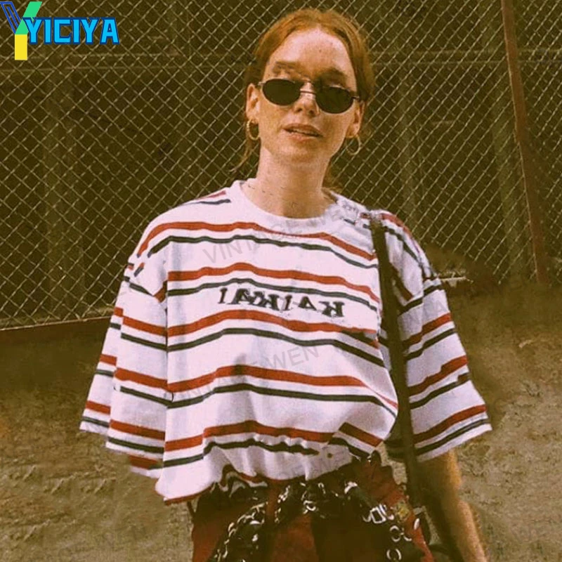 

YICIYA T-shirt y2k crop Top women oversized White stripe t-shirt short sleeves summer vintage blouses tshirt tees t shirt tops