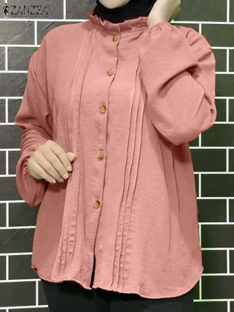 

ZANZEA Vintage Solid Color Muslim Blouse Fashion Pleated Design Shirt Woman Elegant Party Tunic Tops Casual Ramadan Chemise