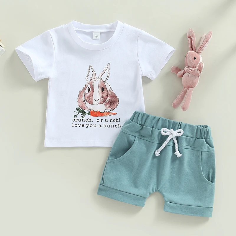 

Easter Toddler Boys Clothes Sets Cartoon Bunny Print Outfits Summer Short Sleeve T-shirt Casual Elastic Shorts 2pcs Set For 0-3Y