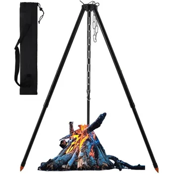 Treppiede da Campeggio per Cucinare, Griglia Portatile Regolabile per Barbecue all'Aperto con Catena di Sospensione, Adatto per Campeggio