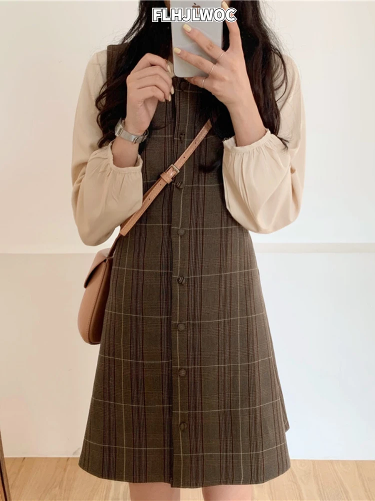 Hot Sales Japan Girls Outfits Date  Autumn Spring 2022 A Line Cute Sweet Retro Vintage Cute Korean Chic Women Plaid Shirt Dress