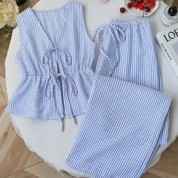 Women's Summer Casual Striped 2 Piece Outfits Tie Front Ruffle Lightweight Sleeveless Tank Top And Wide Leg Pants Lounge Sets 1