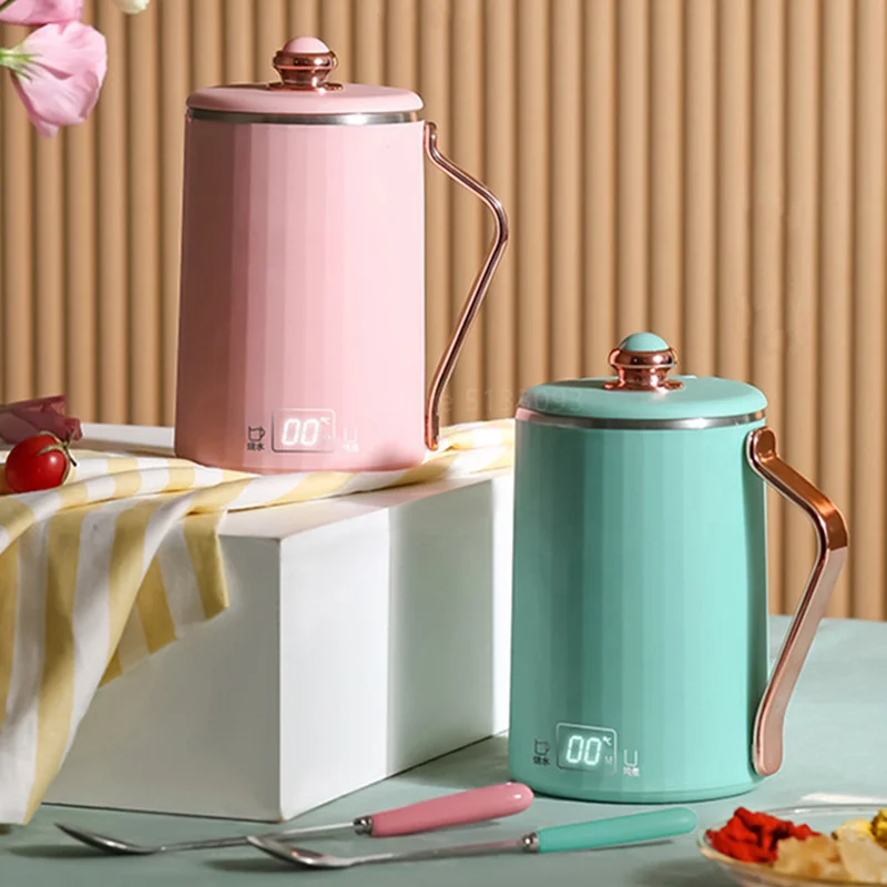 110V/220V Electric Kettle Portable Heating Cup Thermostat Heat Preserving Pot Electric Stew Cup Desktop Boiling Water Cup 450ML