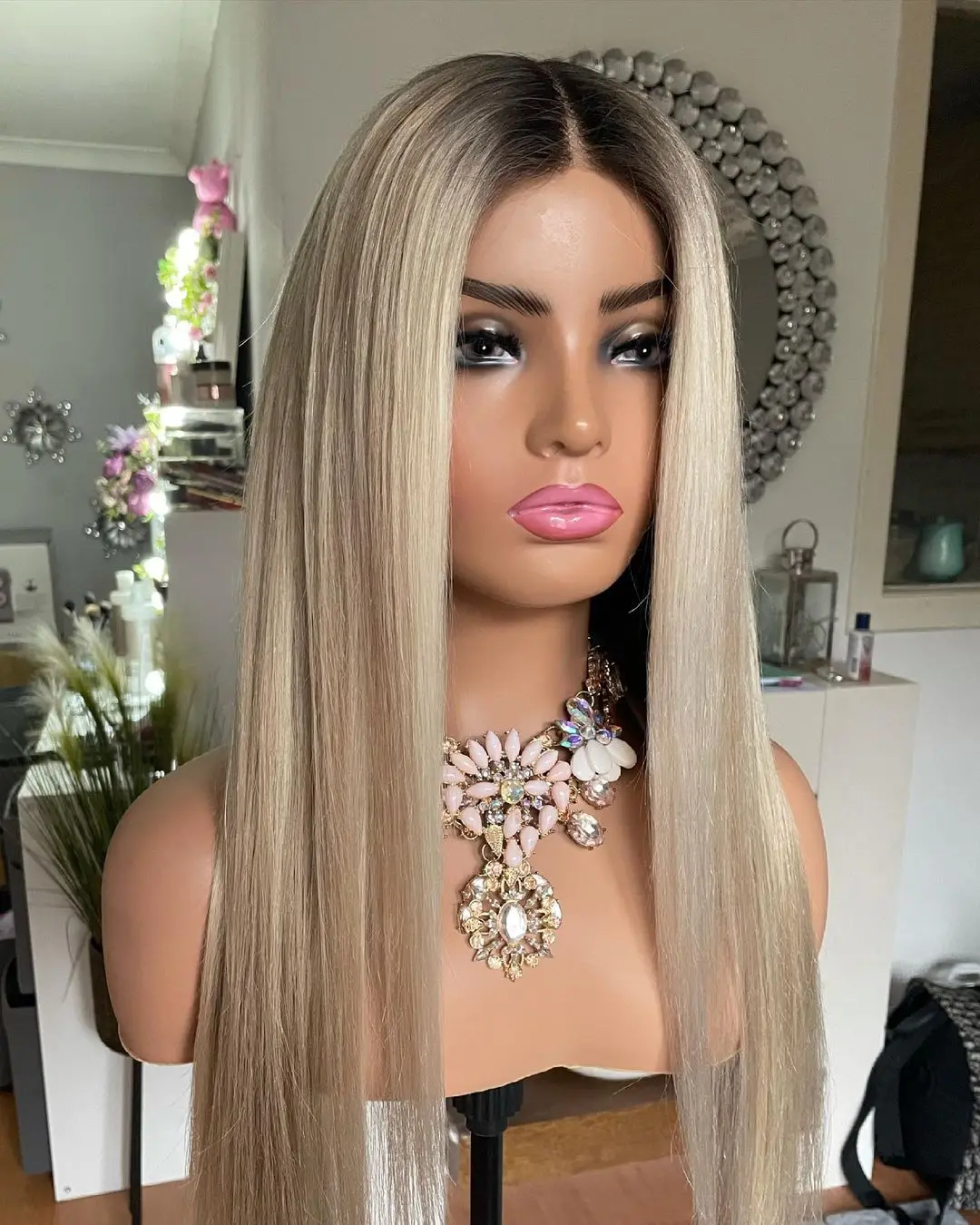 New in Wig Gold Blonde Highlight Synthetic Wig for Women Long Straight Ash Roots Heat Resistant Cosplay Fibre Hair 180% Full