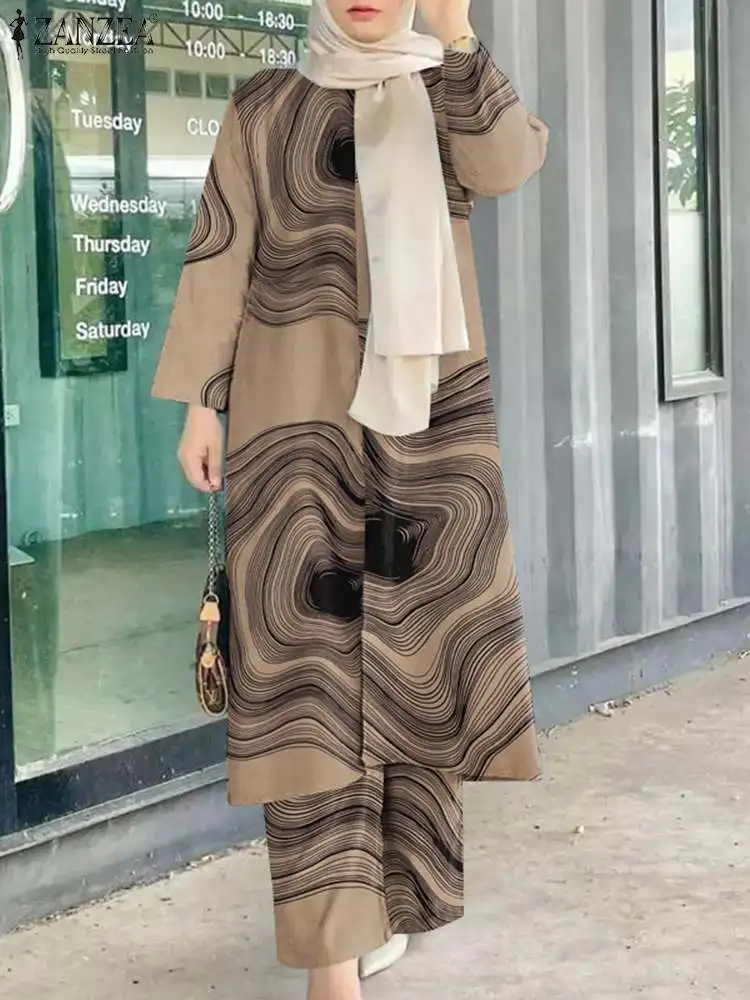 ZANZEA Vintage Printed Muslim Sets Women Blouse Suit Autumn Tracksuits Islamic Outfits Long Sleeve Shirt & Pants Causal Abaya
