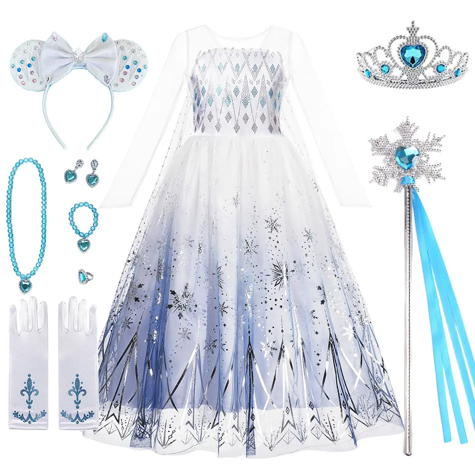 Disfraz De Elsa Frozen Para Niña 4-5 Años - Set Completo Con Vestido, Corona, Varita, Aretes, Anillo, Collar Y Pulsera - Ideal Para Halloween, Cumpleaños Y Cosplay (Talla 120)