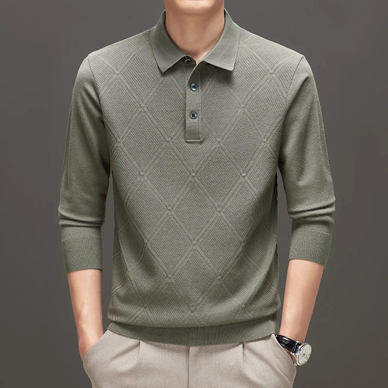 2023 New Men's Slim-Fit Jumper Autumn and Winter Warm Lapel Knitwear Solid Color Business Polo Long Sleeve Men's T-shirt