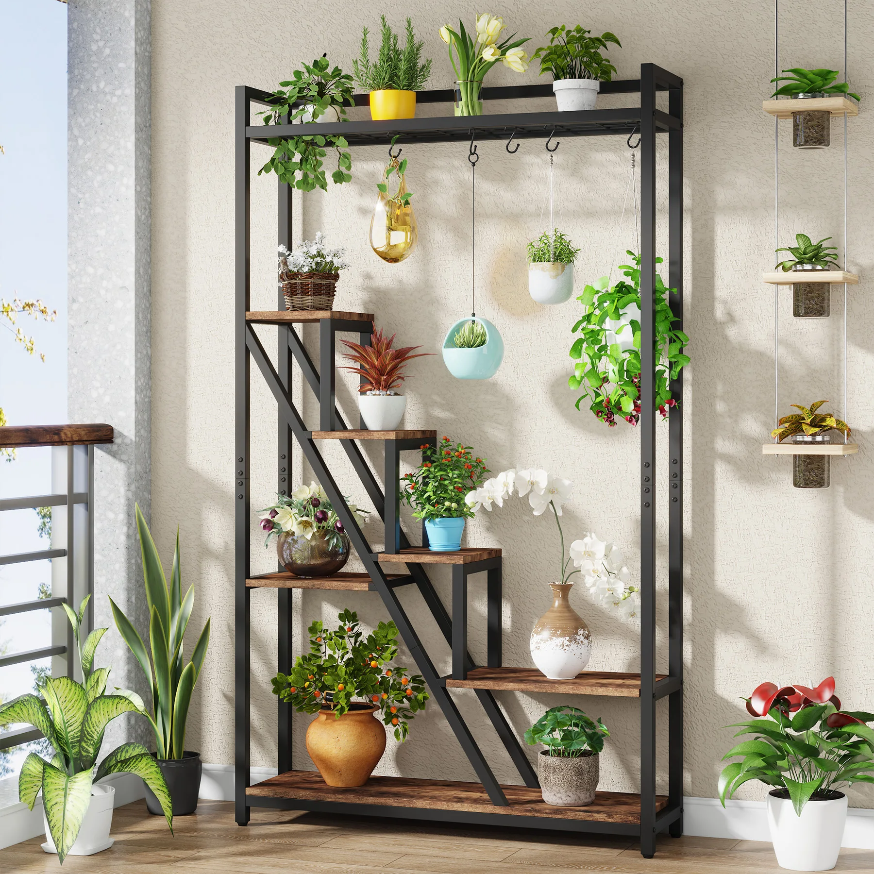 Tribesigns 70.9" Tall Indoor Plant Stand 7-Tier Large Plant Shelf 5 S-Hooks Industrial Wood Flower Stand Display Rack