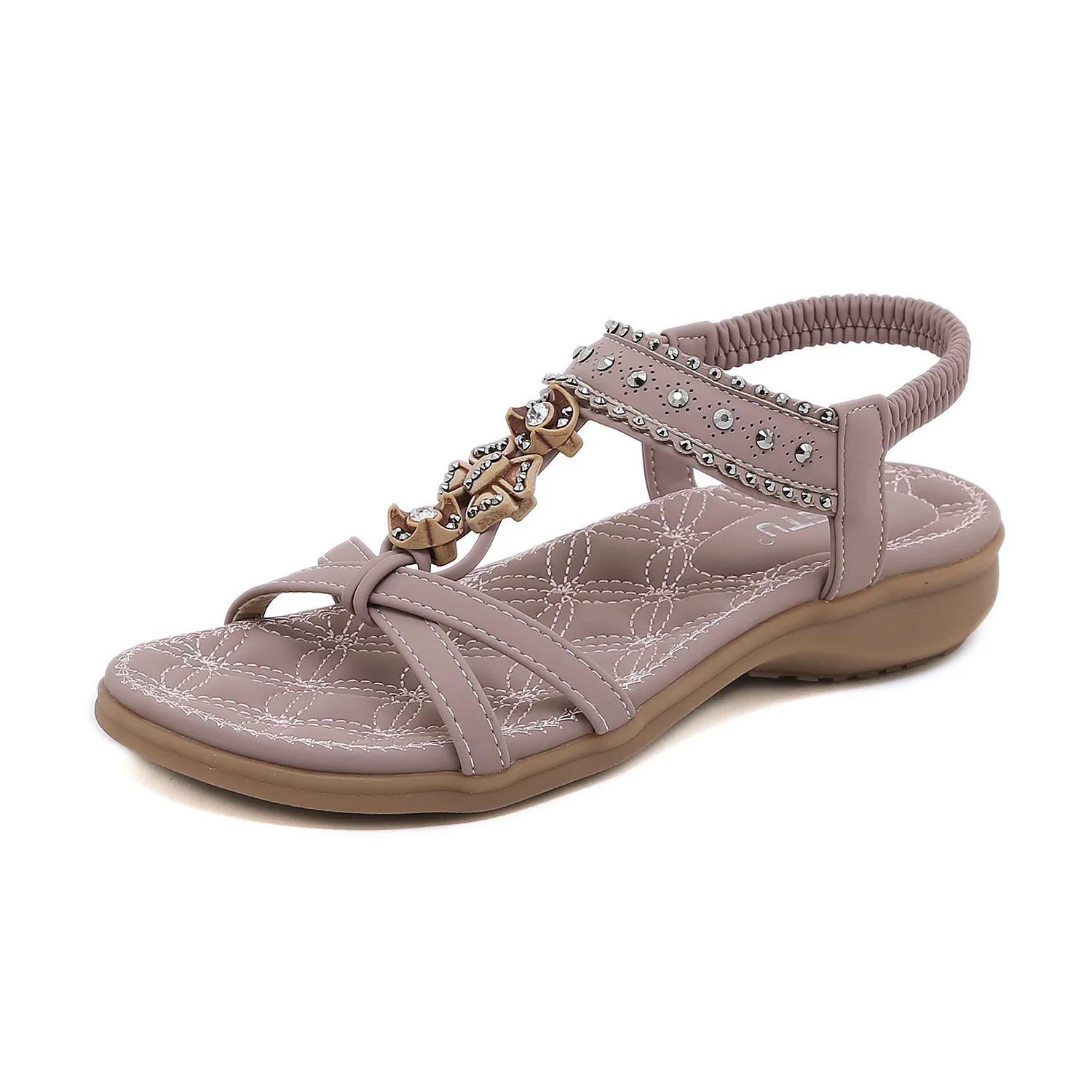

2024 Summer New European and American Bohemian Fashion Rhinestone Comfortable Round Head Beach Flat Bottom Women's Sandals