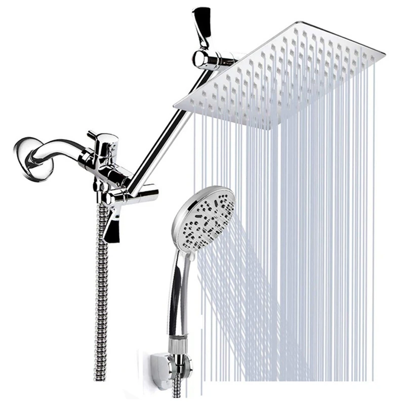 

AT35 8 Inch Rainfall Stainless Steel Fixed Shower Head/Handheld Showerheads Combo 9 Settings With Extension Arm, Chrome