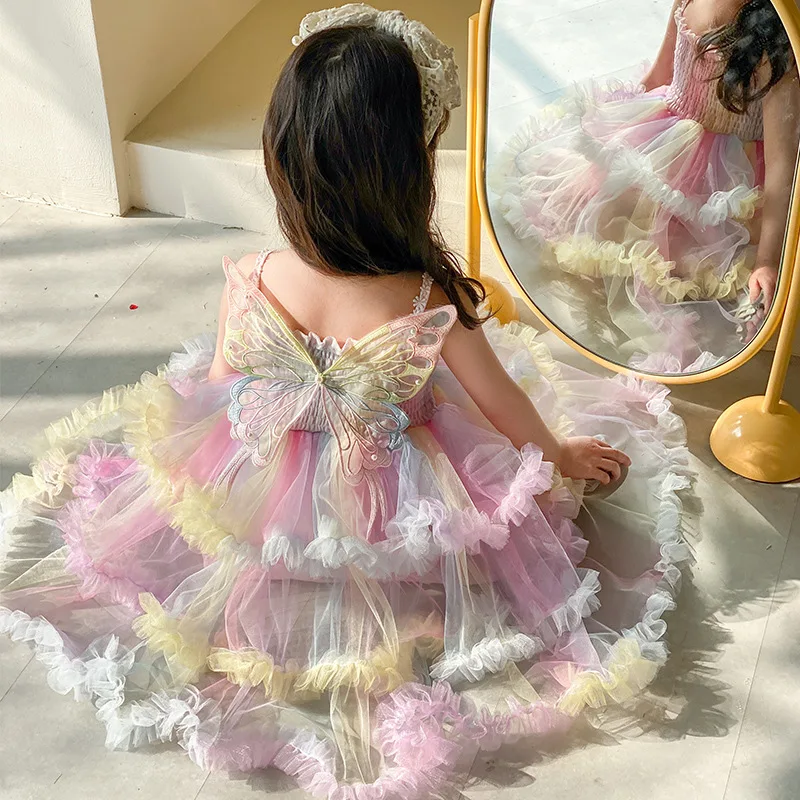 

Girls Dress Summer Sleeveless Strap Children Princess Dress Baby Girls Rainbow Cake Dresses Kids Mesh Dress Birthday Party Dress