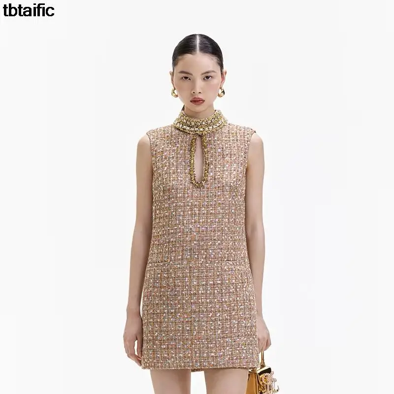 

Весна 2024, платье-жилет без рукавов с алмазной вышивкой, женское мини-платье высокого качества в тяжелой отрасли