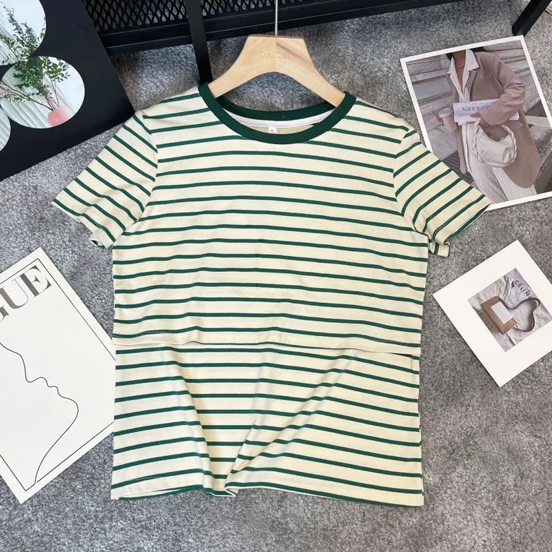 Maternity Nursing Tops Breastfeeding Top Striped Cotton T Shirt for Pregnant Women Summer Tees Short Sleeve Pregnancy T-shirt 3