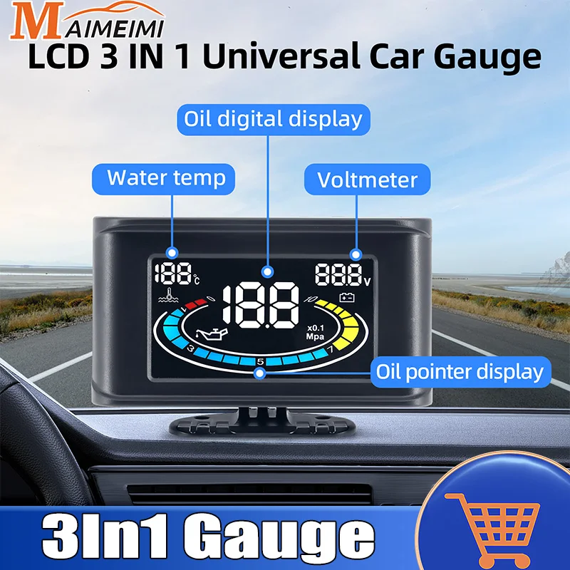 

LCD 3 IN 1 Universal Car Gauge Water Temperature Gauge + Oil Pressure Gauge + Voltmeter For 12/24V Car Ship 0il Digital Display