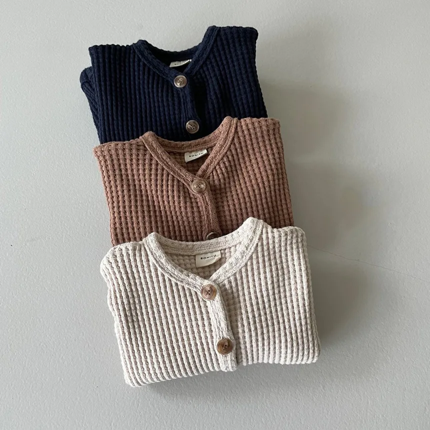 Korean Style Baby Cardigan Spring Autumn Solid Color Children's Thin Coat Waffle Base Shirt Tops Casual Jacket for Boys Girls