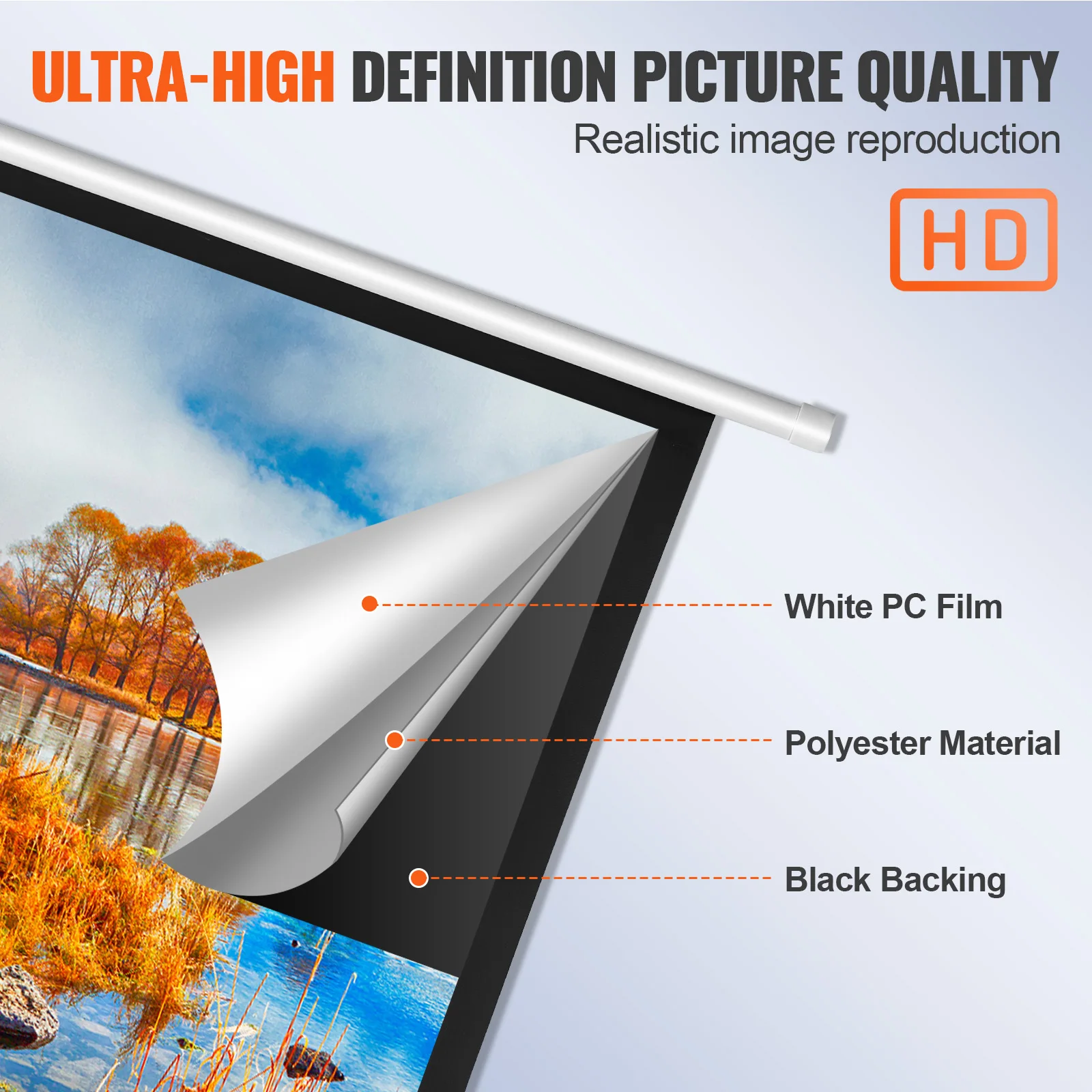 VEVOR Manual Pull Down Projector Screen 100 inch 16:9 4K 1080 HD Retractable Projector Screen for Family Home Office Theater