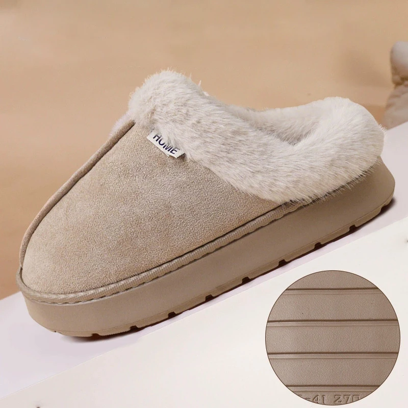 Soft Sole Plush House Slippers Women Casual Faux Suede Non Slip Cotton Slippers Indoor Woman Platform Fur Shoes Female Winter