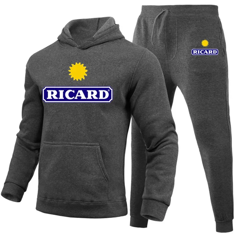 

Осенне-зимняя новая мужская одежда Ricard, мужские комплекты, комплект с худи с принтом, флисовая толстовка, повседневные спортивные штаны, мужские спортивные костюмы