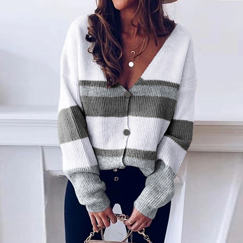 

Женский Повседневный свитер на осень/зиму 2020, цветной кардиган в стиле пэчворк с глубоким V-образным вырезом, топы в полоску с длинными рукавами и пуговицами, свободные вязаные свитера