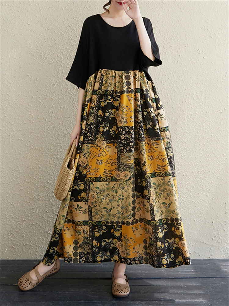 Summer Cotton Vintage Casual Loose Print Women Dresses Short Sleeve Patchwork Dress Femme Vestidos Office Lady Elegant Clothing