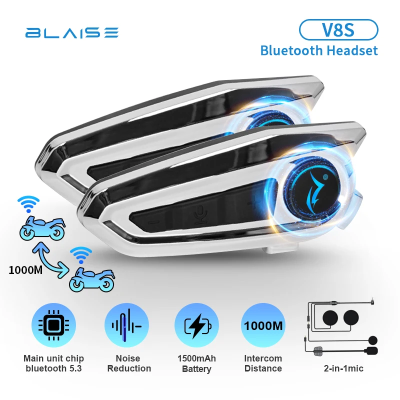 

BLAISE V8s 2024 New Intercom Motorcycle Helmet Bluetooth Headsets 2 Rider 1km Moto Interphone Communication Moto Music Sharing