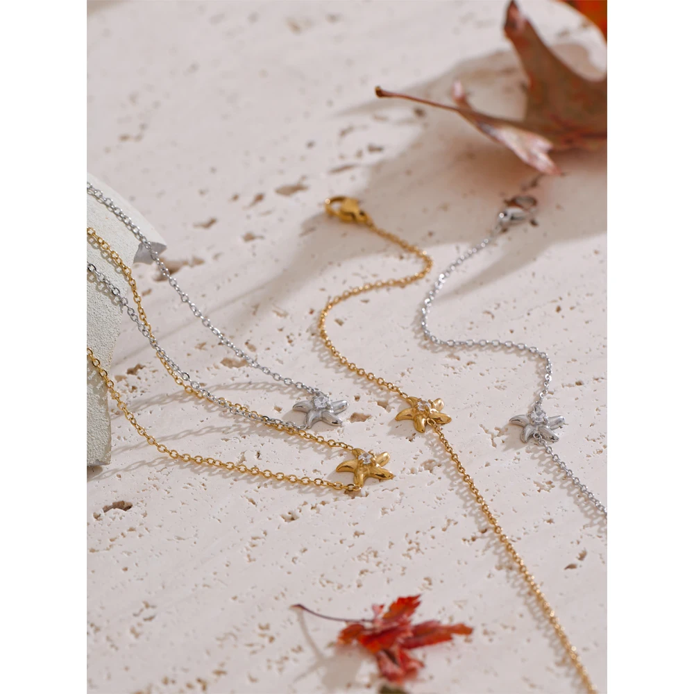 Yhpup Ocean Style Zirconia Starfish Pendant Necklace Bracelet for Women