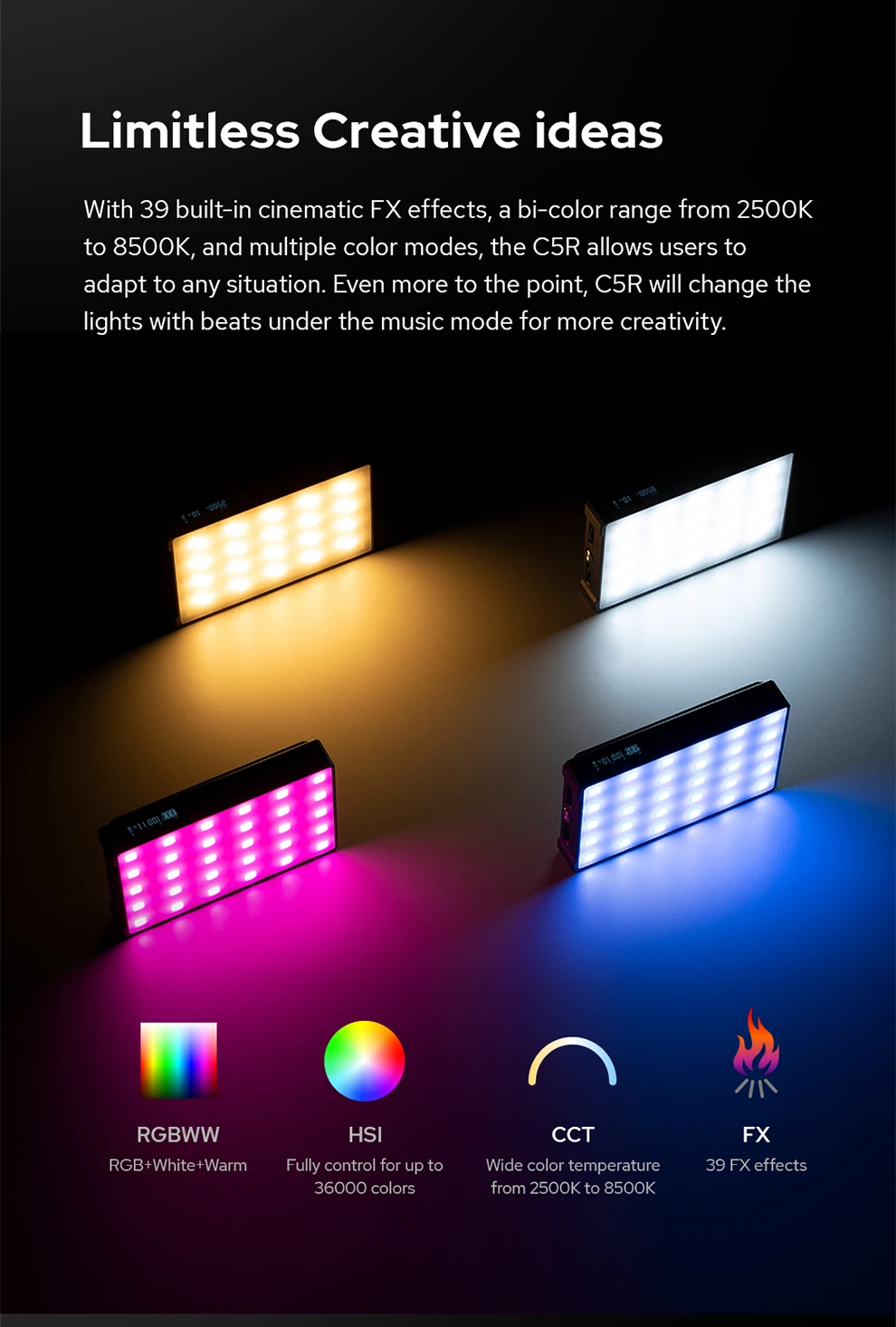 C5R 5W 2500-8500K Knowledge RGB Creative Light Portable Mini Pocket RGB Video Li