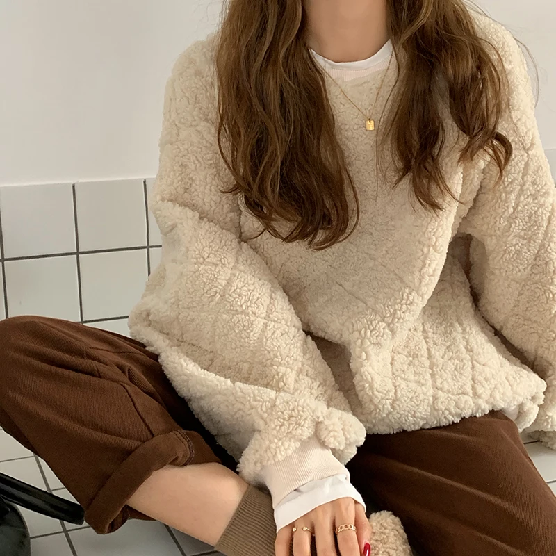 Lambswool New Tops Women Kawaii Sweatshirts Autumn Winter Thick O Neck Fleece Oversize Pullover Solid Sweatshirt Woman Fleeces