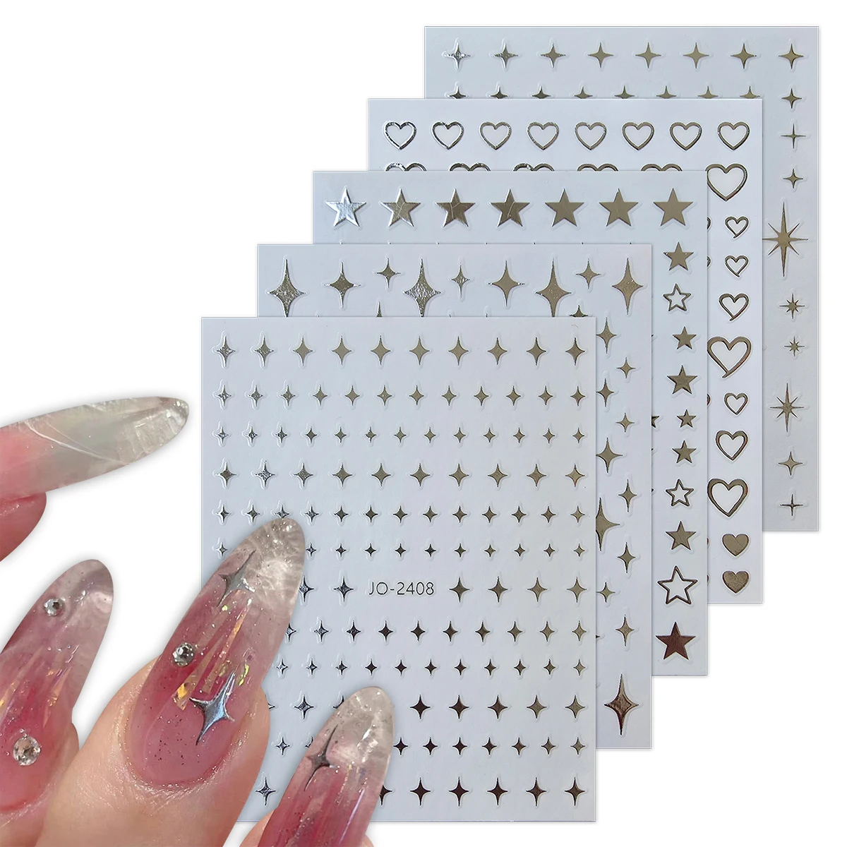 2 Sheets Metallic Star & Heart Nail Stickers3D Self-Adhesive Silver Gold Nail Decals for DIY Manicure, French Tips & Art