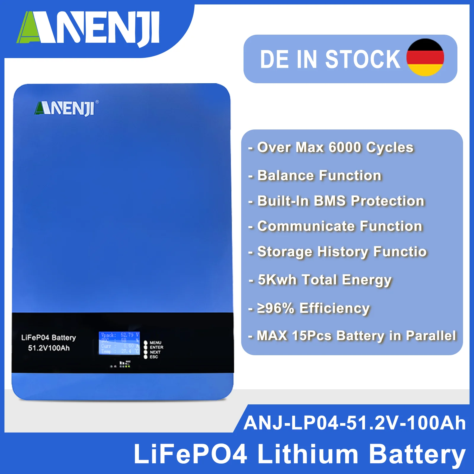 51.2V 100Ah Powerwall Lifepo4 Batteria A Parete 48V 5Kwh Per Pv Solar Off/On Grid Bms Integrato 6000 + Cicli