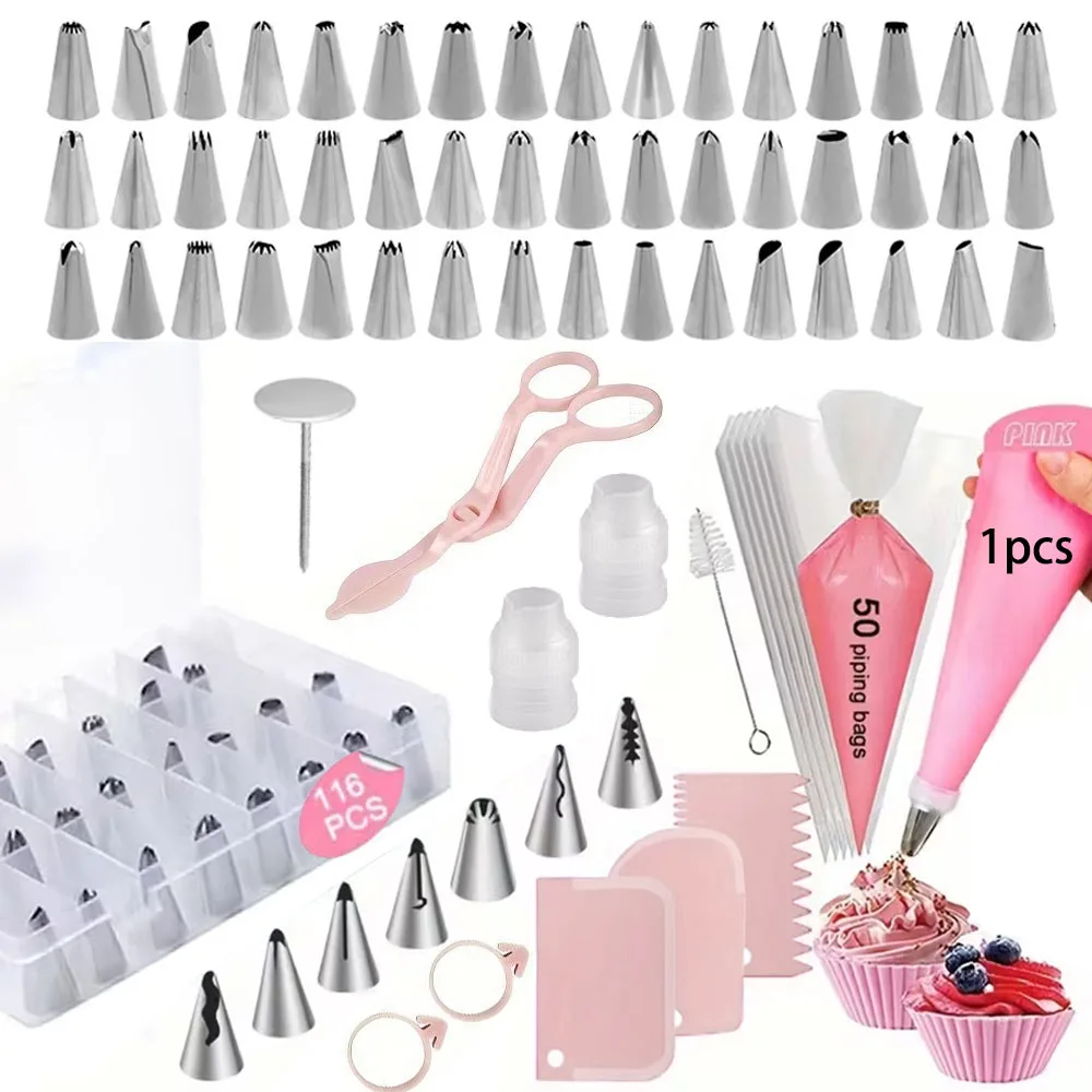 ערכת קישוט עוגה בעלת 116 חלקים עם קופסת אחסון, סט כלי אפייה מלא עם 48+7 טיפים לצינורות, סקרייפרים, שקיות ועוד למתחילים