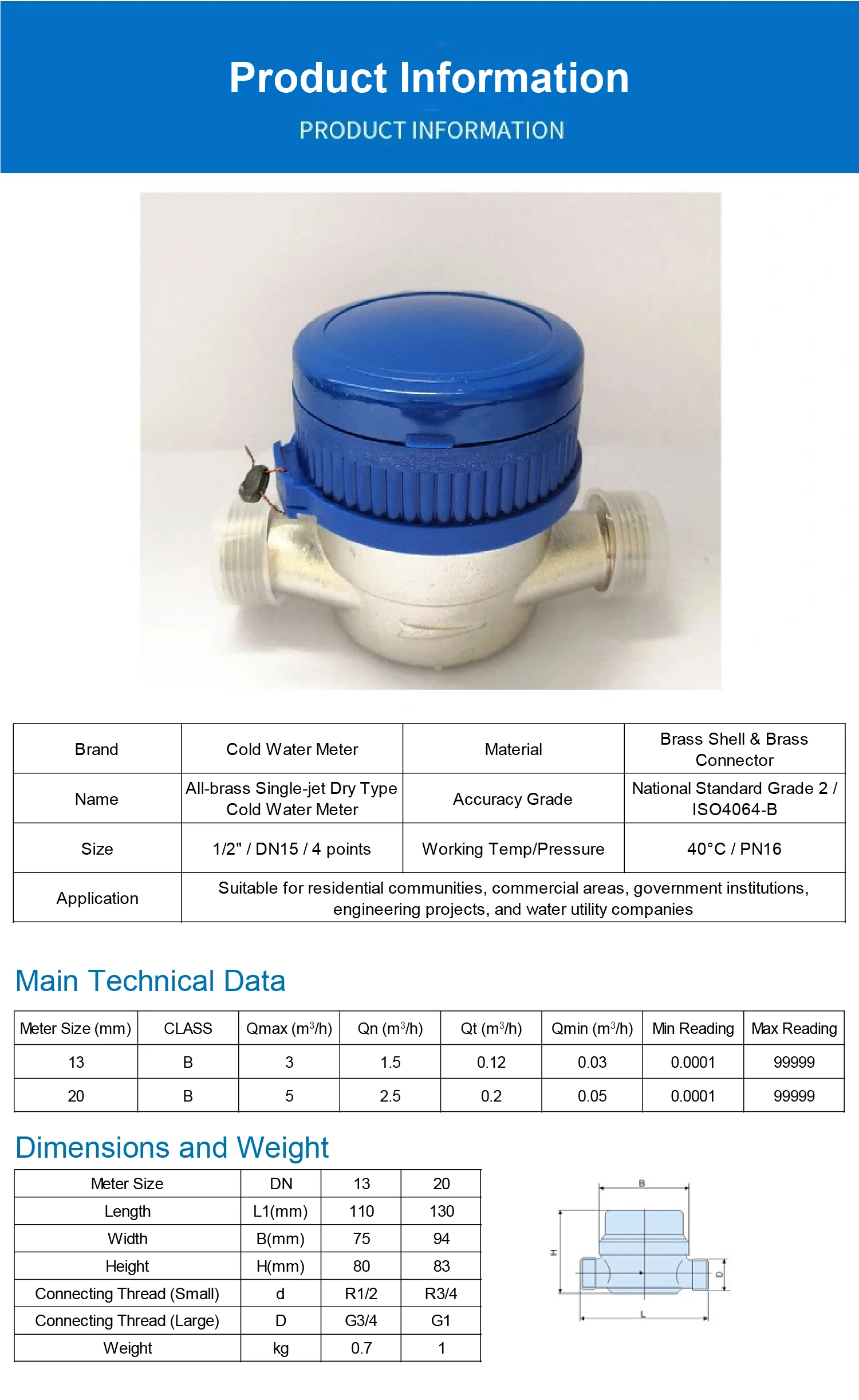 LXSG-13D ISO4064 Class B Single Jet Water Meter Dry Dial Brass Nickel Plated Mag