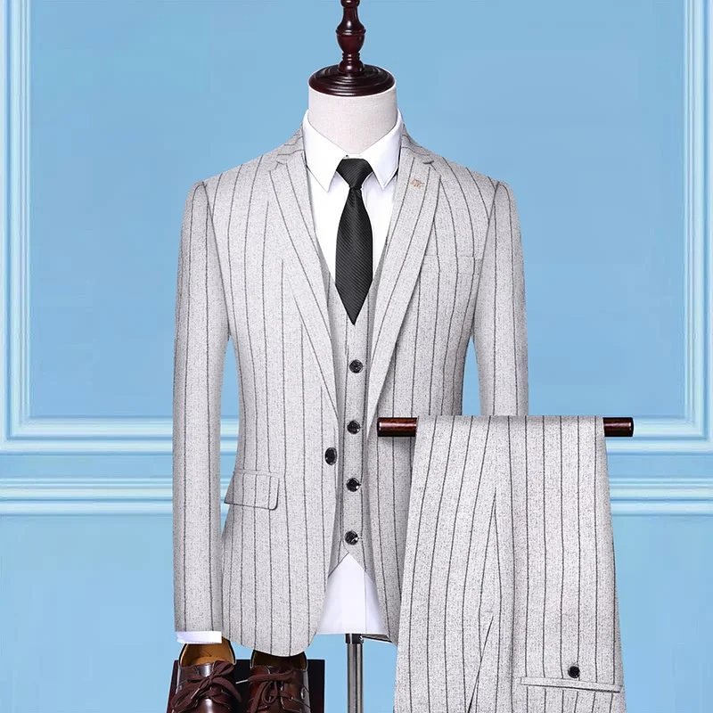 (suit jacket+vest+pants) Korean version of men's suit, striped suit set, business Blazer set, wedding Blazer set